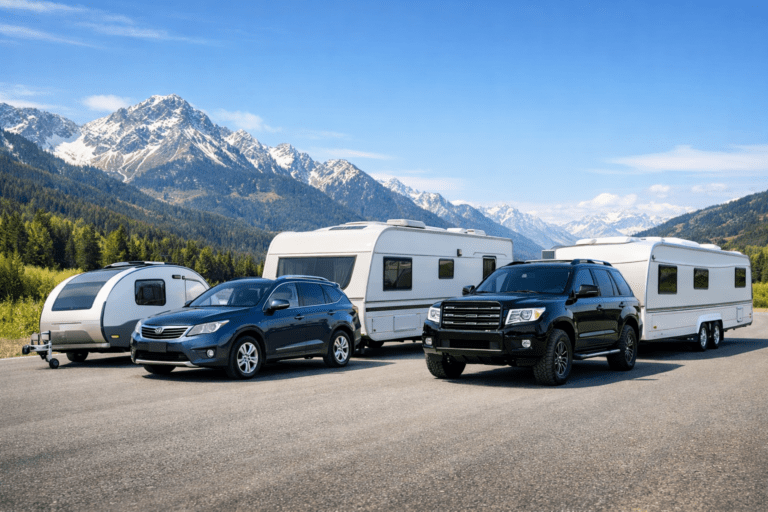 Vergleich von drei Zugfahrzeugen mit unterschiedlichen Wohnwagen-Größen (Miniwohnwagen, Familienwohnwagen, Tandemachser)
